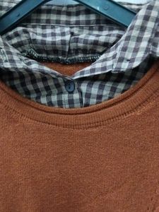 Brown Knit Sweater with Plaid