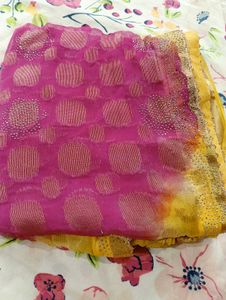 Chiffon Yellow And Pink Saree with Blouse