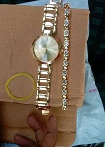 Watch And Bracelet Combo- Golden