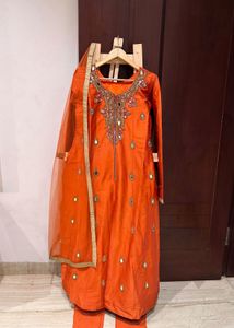 New Orange Mirror Work Kurta Set