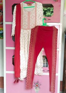White & Red Embroidered Kurti Set