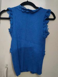 Blue Lace Trim Knit Top