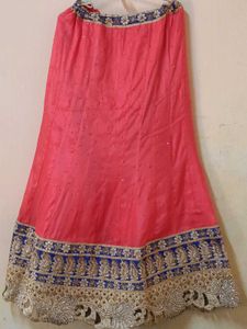 Coral & Blue Embroidered Lehenga Skirt With Choli