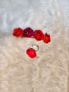 Floral Rose Hair Clip And Ring