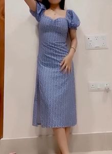 Blue Floral Puff Sleeve Midi Dress