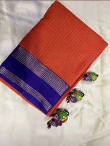 Orange & Blue Cotton Saree