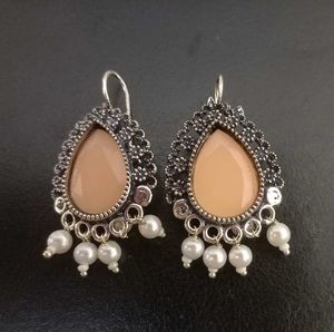 Peach Stone & Pearl Drop Earrings