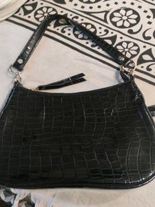 Black Croc Embossed Shoulder Bag