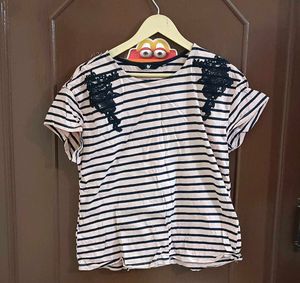Cream And Black Embroidered T Shirt