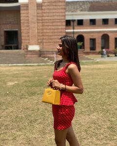 red dress with Polka Dot Handbag both