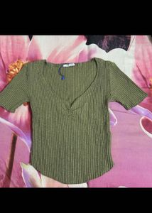 Olive Green Ribbed V-Neck Tee