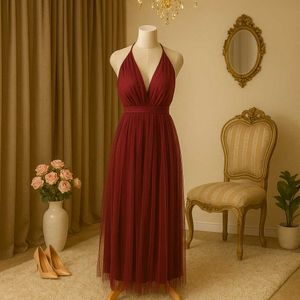 Burgundy Tulle Halter Gown