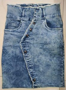 Acid Wash Denim Skirt with Asymmetrical Button Det
