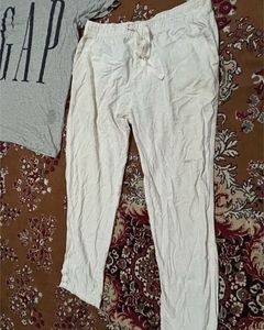 White Linen Blend Drawstring Pants