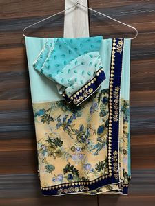 sea green with blue shade flower print saree wit