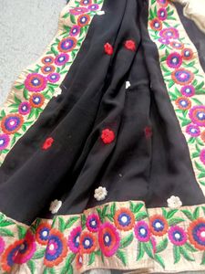 Black Saree with Embroidered Floral Border