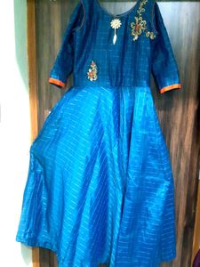 Blue Embroidered Anarkali Dress With Red Dupatta