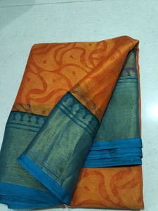 Orange &amp; Teal Patterned Saree