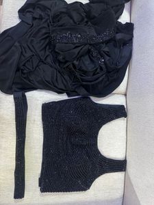 Black Pre Draped Saree With Embellished Blouse