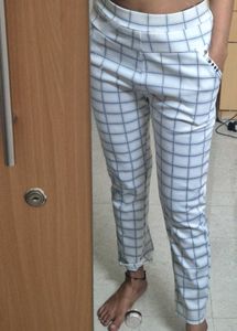 White Grid Slim-Fit Trousers with Side Pocket