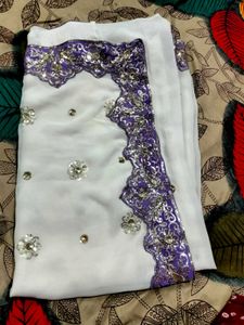 Elegant White & Lilac Embroidered Saree