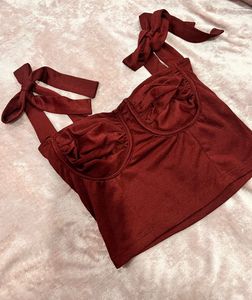 Burgundy Tie Strap Corset Top with slit skirt