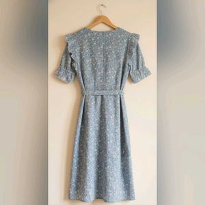 Powdered Blue Floral Print Midi Dress
