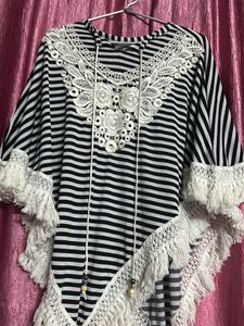 Striped Poncho with Lace Details