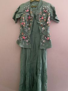 Silk Floral Jacket- Mehandi Green Gown Set