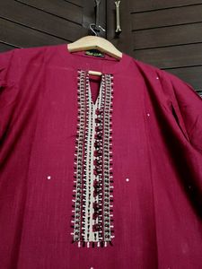 Maroon Cotton Embroidered Kurta