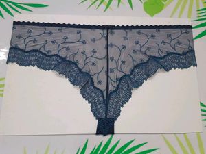 (800)Dark Blue Floral Lace Sheer Thong Panties