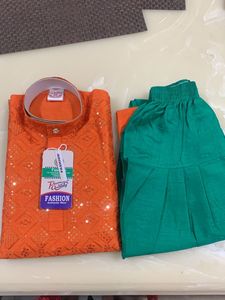 Kids' Orange and Green Kurta Pajama Set