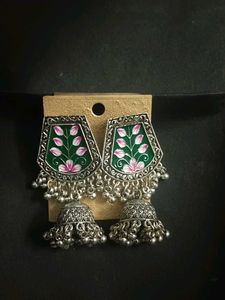 Meenakari Silver Oxidised Jhumka Earrings