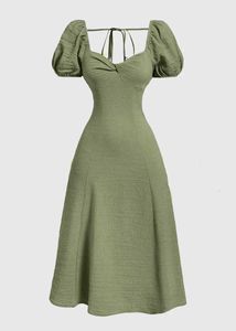 Summer Elegant Solid Puff Sleeve Cinch Waist Dress