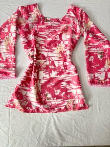 Pink Printed Bell Sleeve Short Kurti