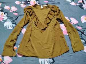 Ruffled Long Sleeve Blouse Olive Color