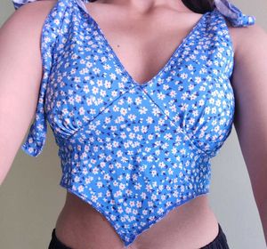 Blue Tie Up Crop Top Floral Pattern
