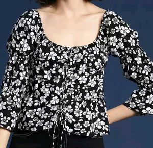 Black Floral Top With Tie-up Knot