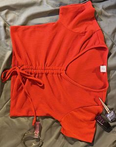 Orange Ribbed Tie-Front Crop Top