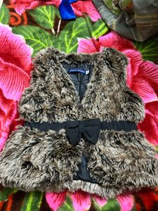 Kids Faux Fur Sleeveless Jacket with Bow Belt