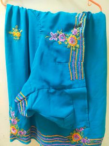 Cyan Blue Embroidered Saree+ Blouse