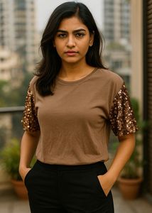 Brown Tee with Sequin Sleeves