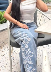 High Waist Light Wash Embroidered Jeans