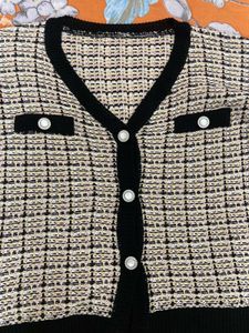 Tweed Knit Cardigan with Black Trim