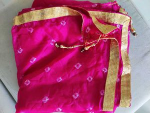 Pink Bandhani Dupatta w Golden Gota Patti &amp; Tassel