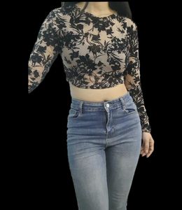 Floral Mesh Long Sleeve Crop Top