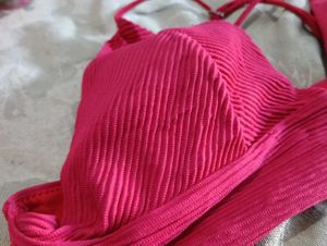 Pink Ribbed Halter Bikini Top
