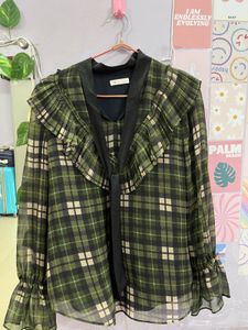 Green Checked Flared Sleeve Top