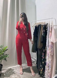 red blazer style jumpsuit with self tie up lace