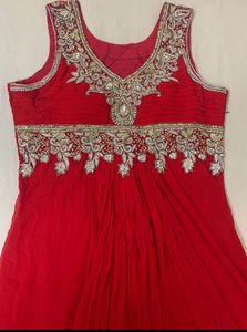 Red Flared Gown/Dress With Heavy Embroidery